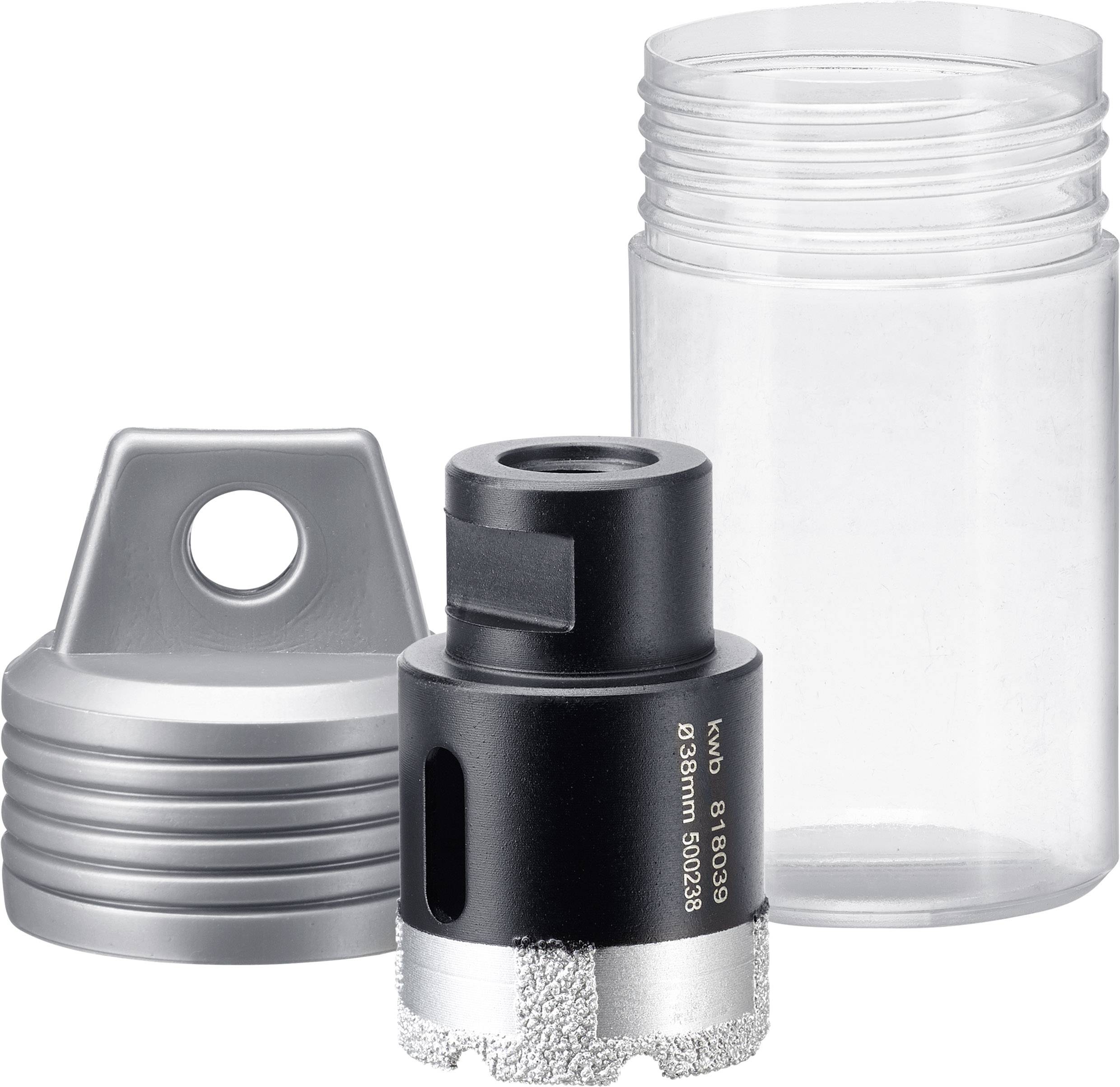 Eine diamantbeschichtete Bohrkrone mit Schutzkappe und Aufbewahrungsdose. Ideal zum Bohren in harte Materialien wie Fliesen.