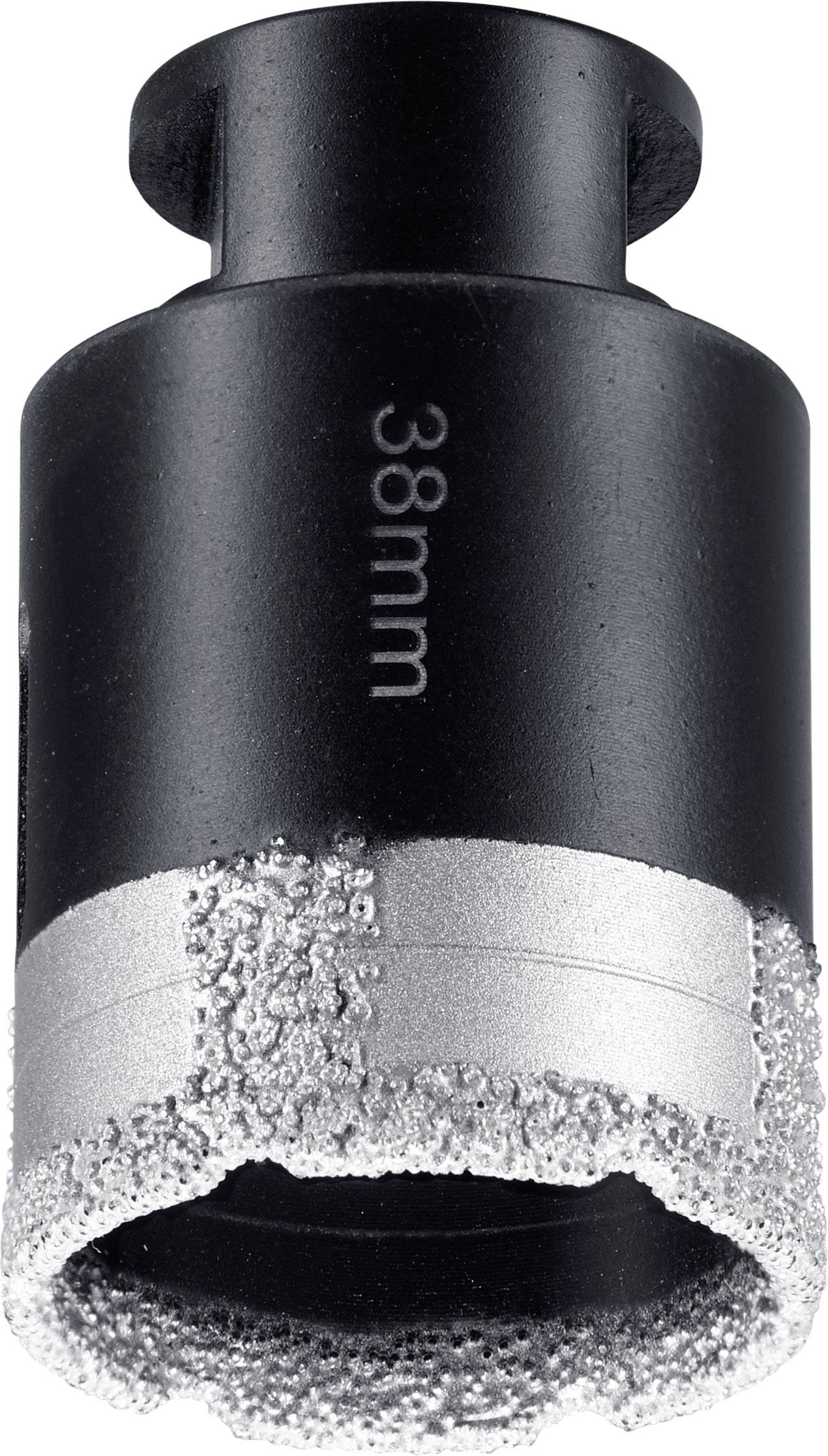 Schwarze Diamant-Bohrkrone mit silberner Spitze, 38 mm Durchmesser, für präzises Bohren in harten Materialien.