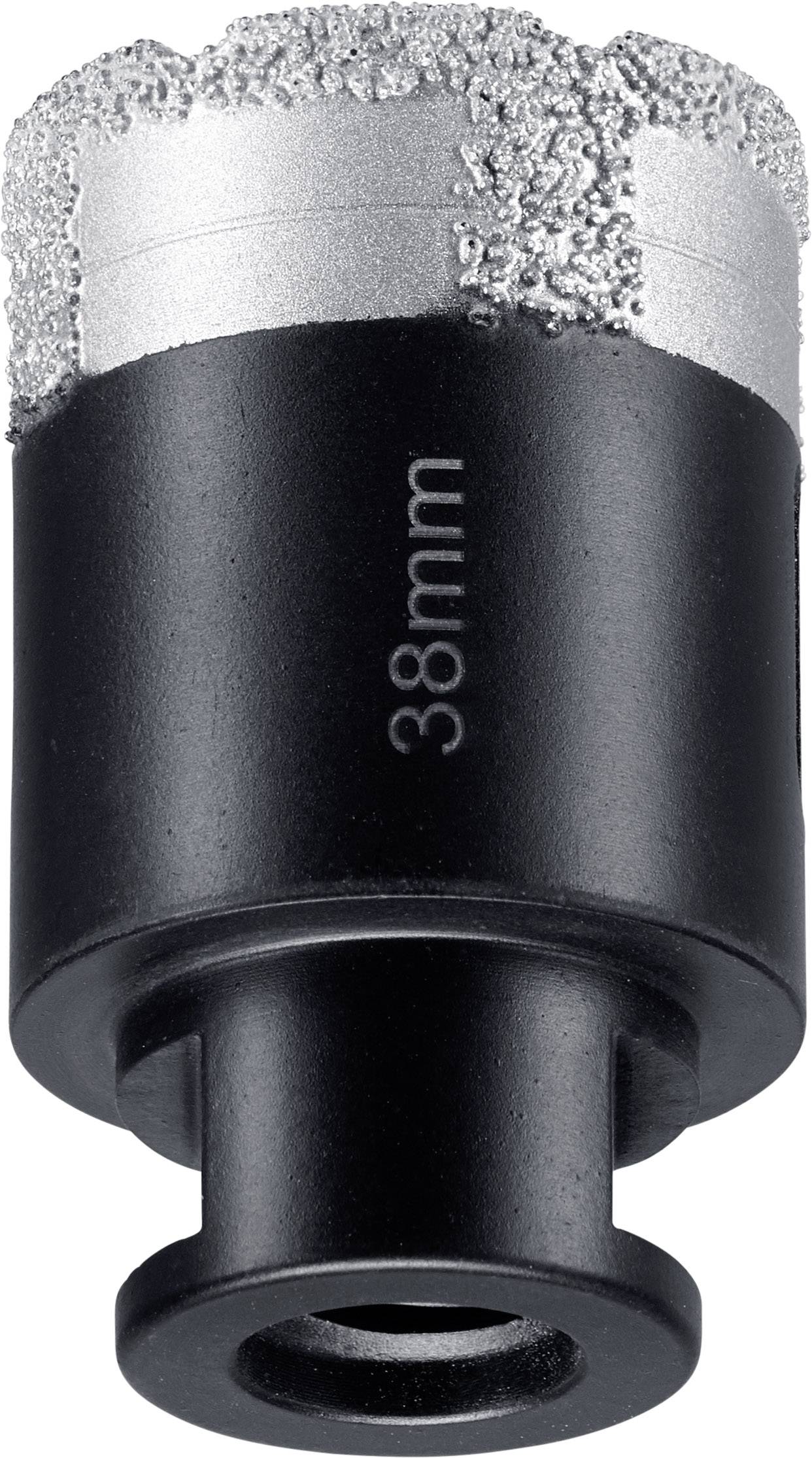Ein schwarzer Bohraufsatz mit silberner, rauer Spitze und der Aufschrift '38 mm'.
