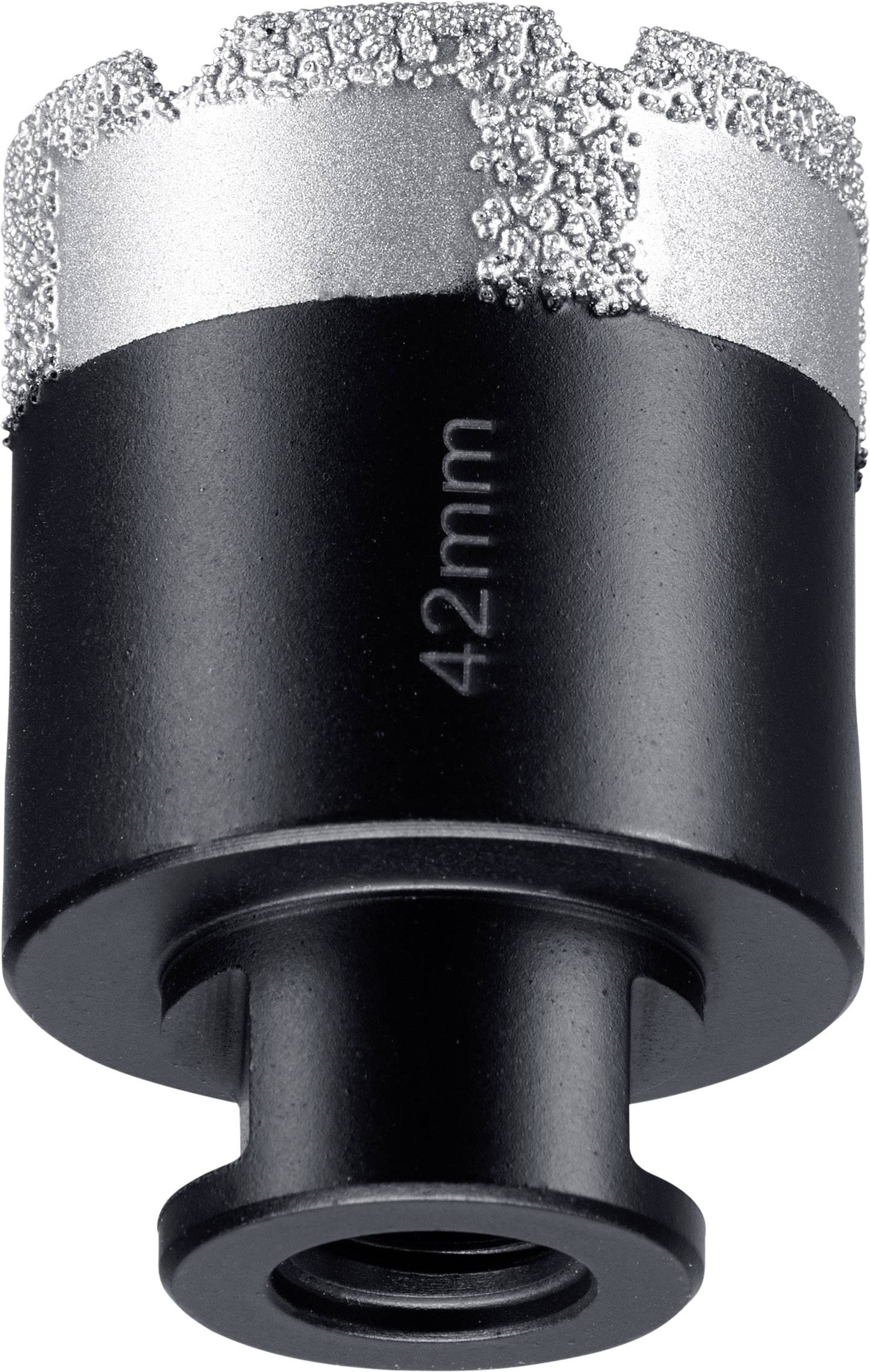 Schwarze Bohrkrone mit silberner Diamantbeschichtung, gekennzeichnet mit '42 mm'.