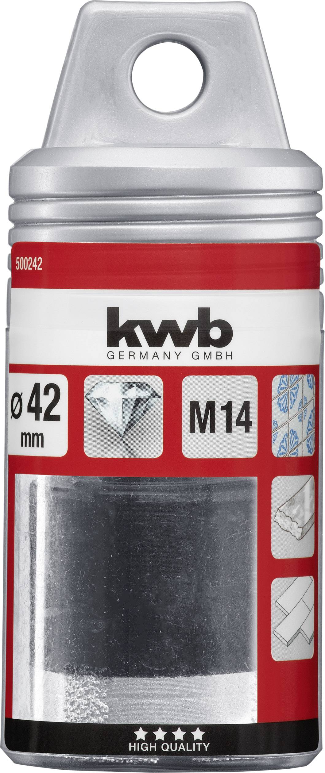 Bohrer-Verpackung mit der Aufschrift 'KWB'. Durchmesser 42 mm, M14. Zeigt Diamantsymbol und verwendet für harte Materialien.