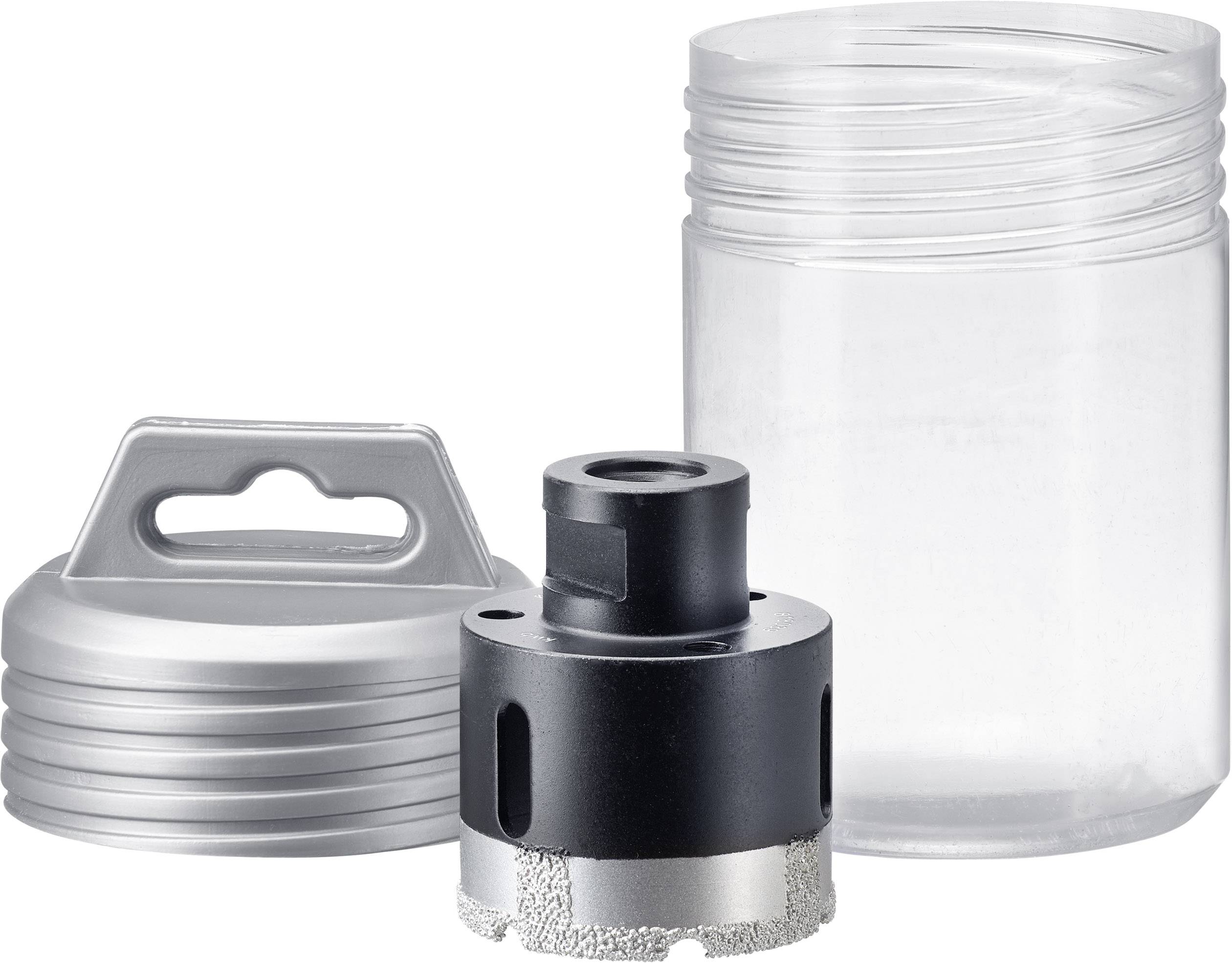 Bohrer mit diamantbeschichtetem Kopf, silbernes Gehäuse und transparente Plastikverpackung, zum Bohren harter Materialien geeignet.
