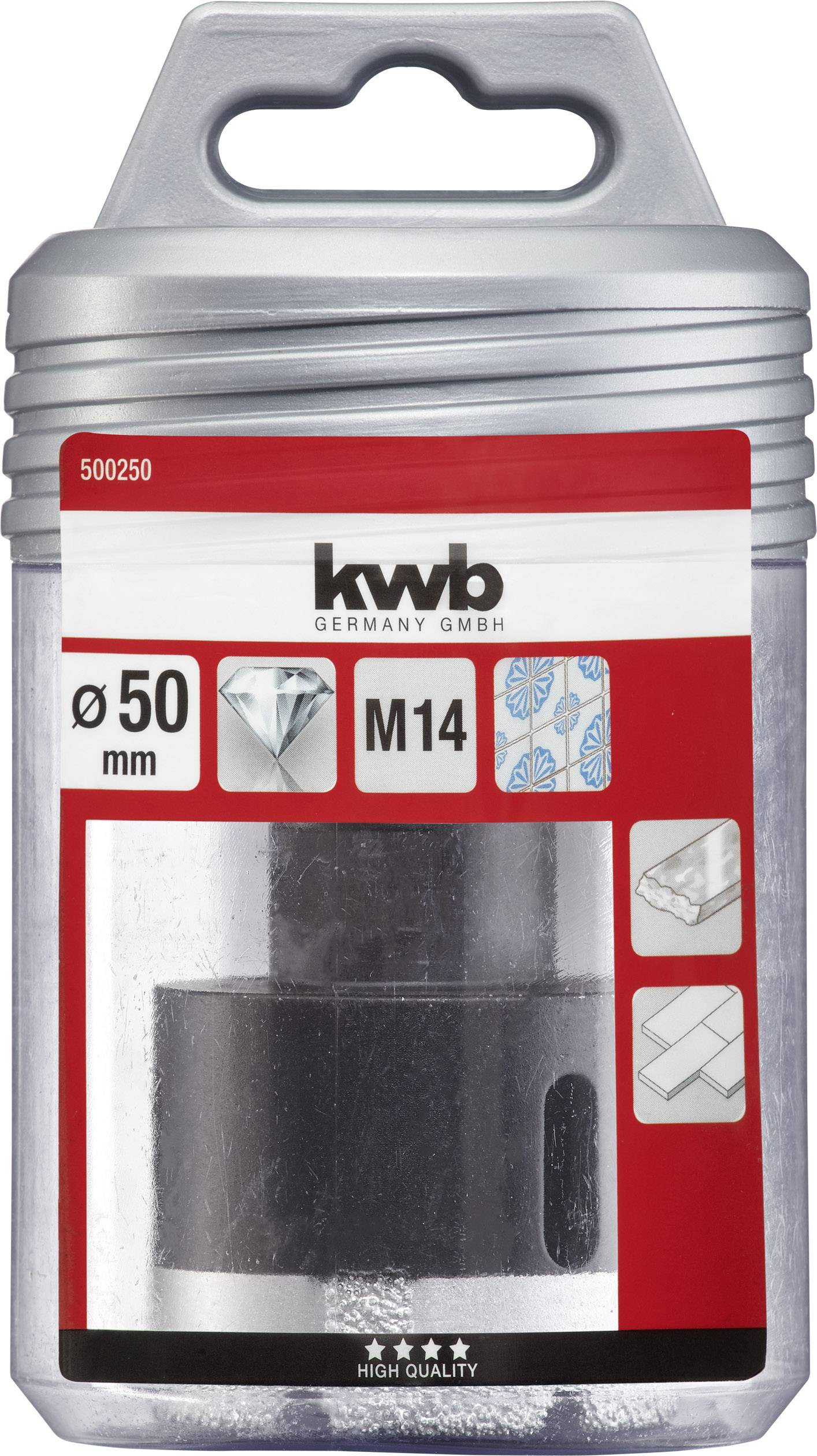 Bohrer-Verpackung mit 'kwb' Logo. Durchmesser 50 mm, M14-Gewinde. Bild zeigt Bohrer und Anwendungen: Glas, Fliesen.