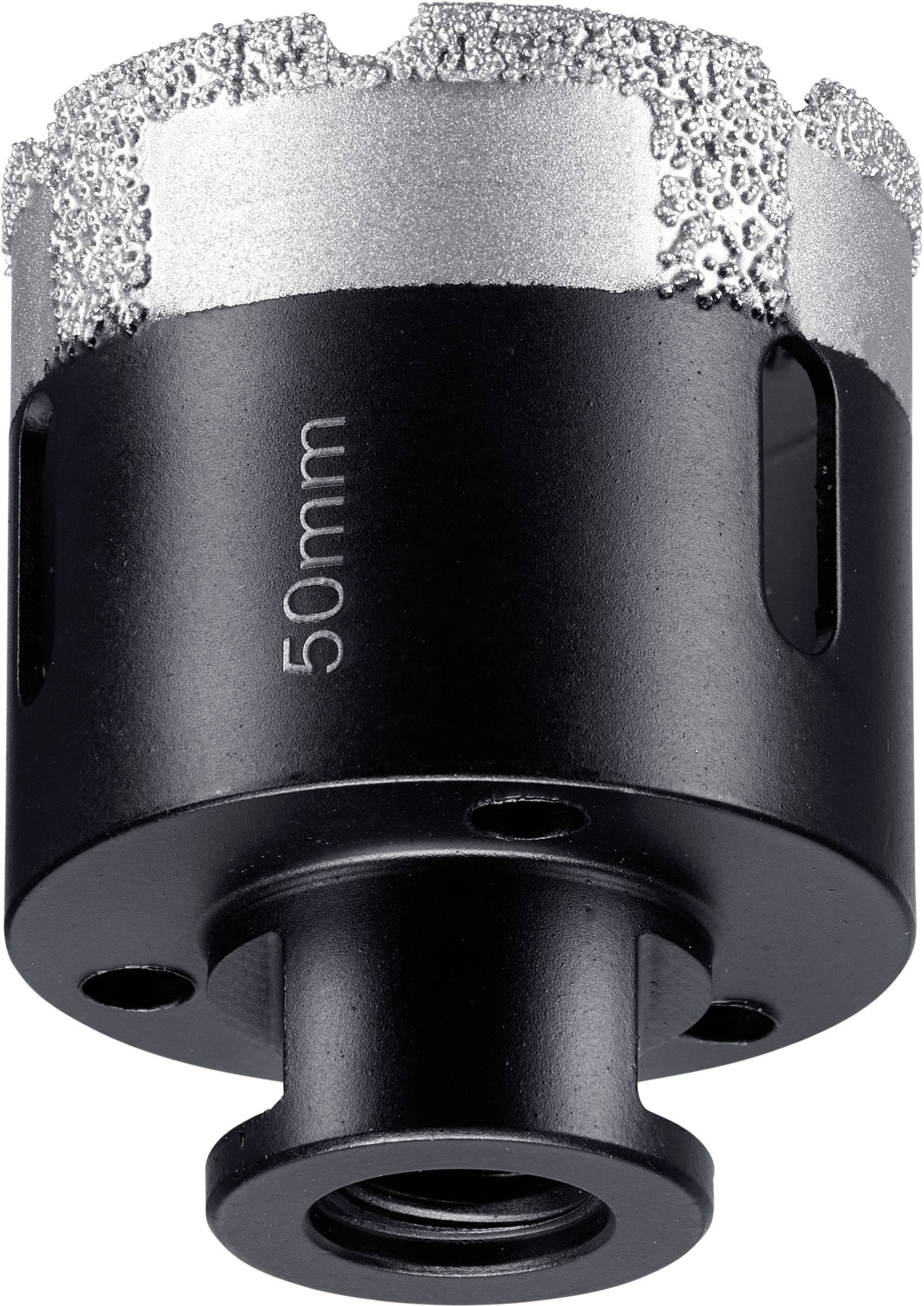 Eine schwarze diamantbeschichtete Lochsäge mit der Aufschrift '50 mm' auf der Seite, geeignet für präzises Bohren in harte Materialien.