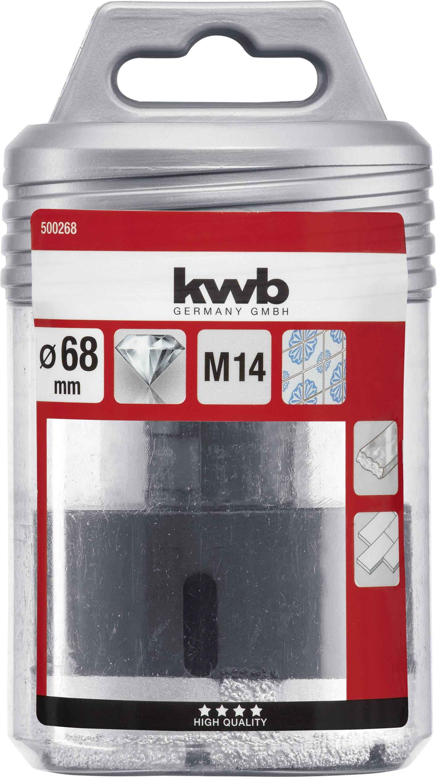 Verpackung eines Diamantbohrkronenaufsatzes der Marke kwb, Ø 68 mm, Gewinde M14, mit Abbildungen der empfohlenen Materialien.