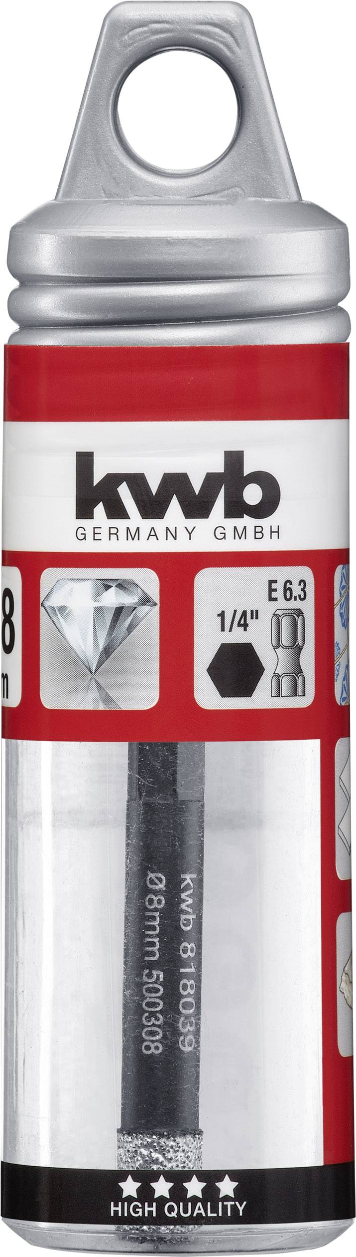 Bohrer in runder Verpackung von 'kwb Germany', hoher Qualitätsnachweis auf Label. 1/4 Zoll Sechskant, Durchmesser 6,3 mm.