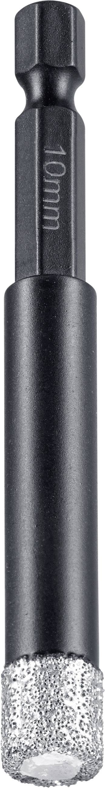 Diamantbohrer mit 10 mm Durchmesser, geeignet für harte Materialien wie Keramik oder Glas. Schwarzer Schaft, silberne Spitze.