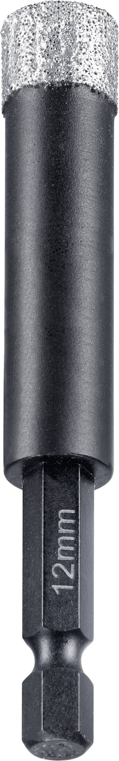 Bohraufsatz mit 12 mm Durchmesser, geeignet für Fliesen- oder Glasbohrungen. Schwarzer Schaft mit glänzender Spitze.