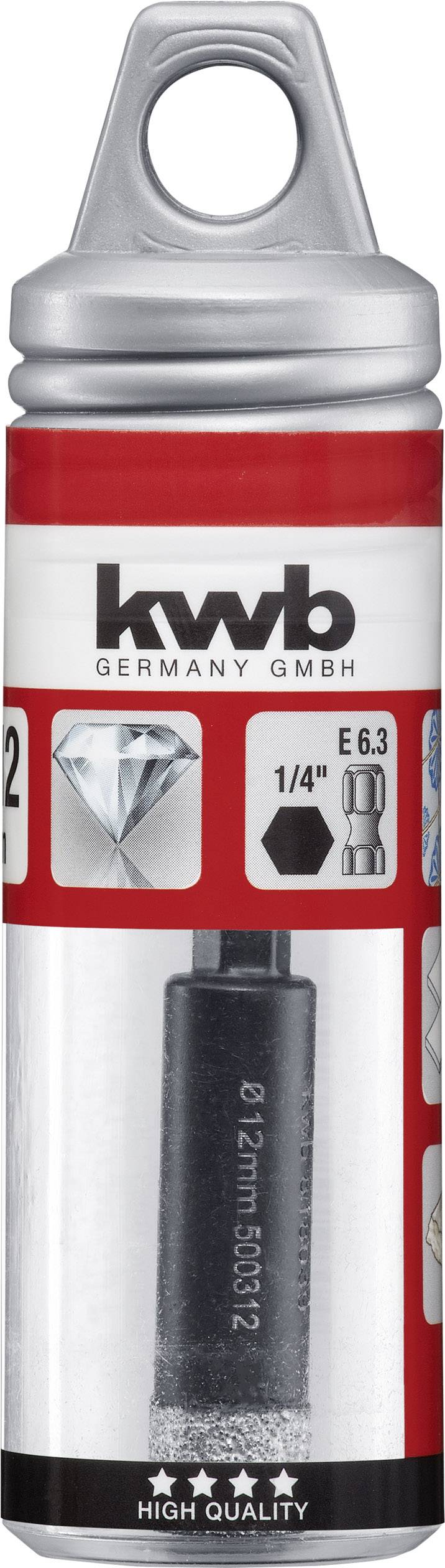Bohrer-Aufbewahrungsbehälter mit grauem Deckel, rotem und weißem Etikett, zeigt 'kwb GERMANY GMBH', Abbildung eines Bohrers und Diamantsymbol.