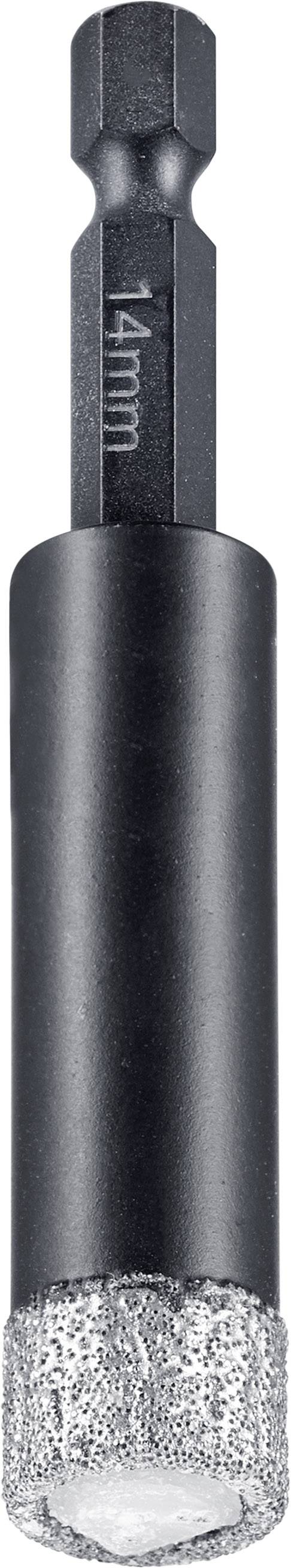 Ein schwarzer Bohrer mit diamantbeschichteter Spitze für präzises Bohren; auf dem Schaft steht '14 mm' für den Durchmesser.