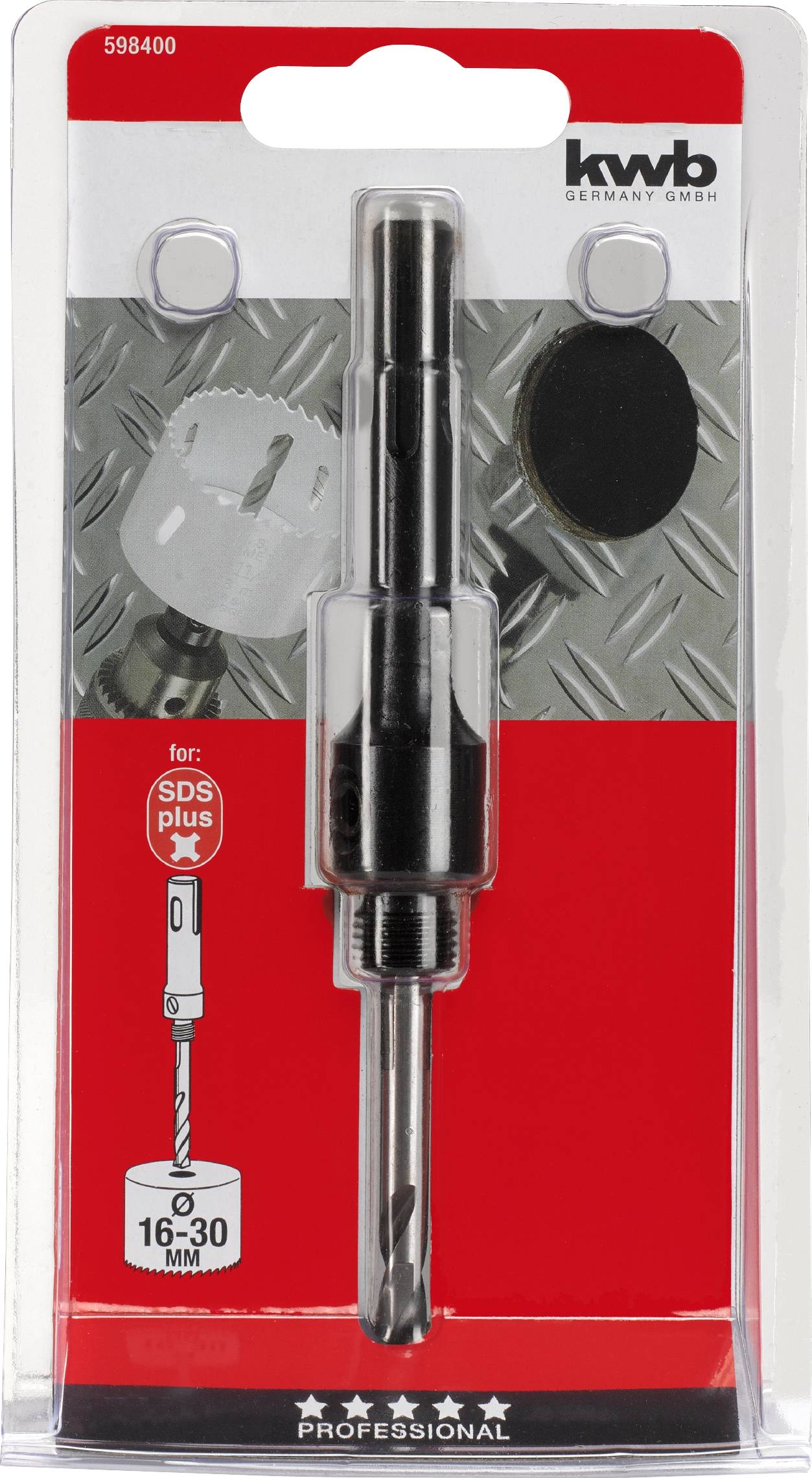 Metallbohrkrone-Adapter von kwb für SDS Plus, geeignet für 16-30 mm Löcher. Verpackt in Plastik mit rotem Hintergrund.