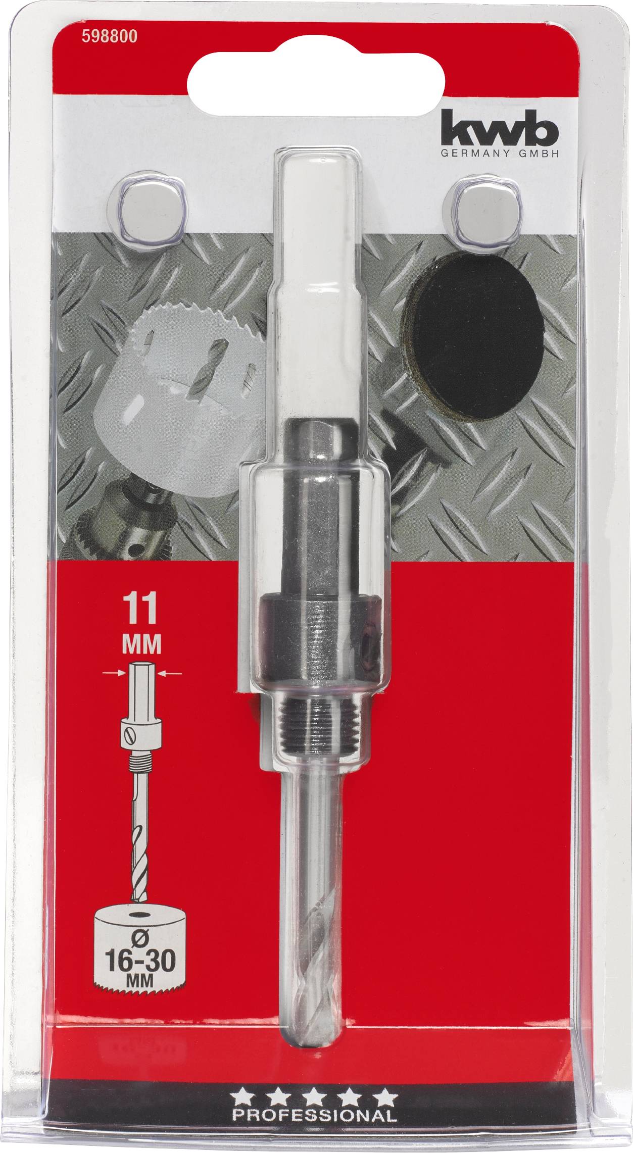 Kwb Lochsäge, 11 mm, mit 16-30 mm Adapter für präzises Bohren. Verpackung zeigt Metallbohrer und Markendetails.