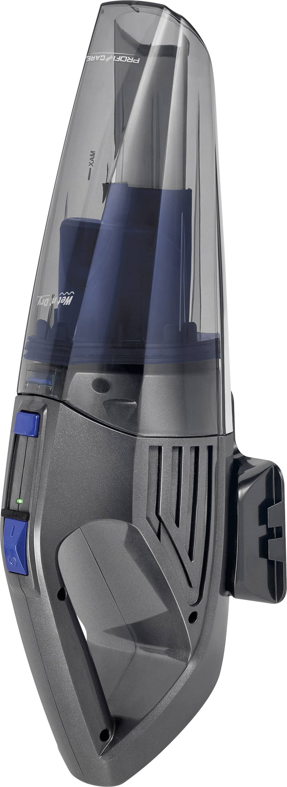 Ein kompakter, kabelloser Handstaubsauger in Schwarz mit blauen Akzenten. Ideal für schnelle Reinigungsaufgaben in kleinen Bereichen.