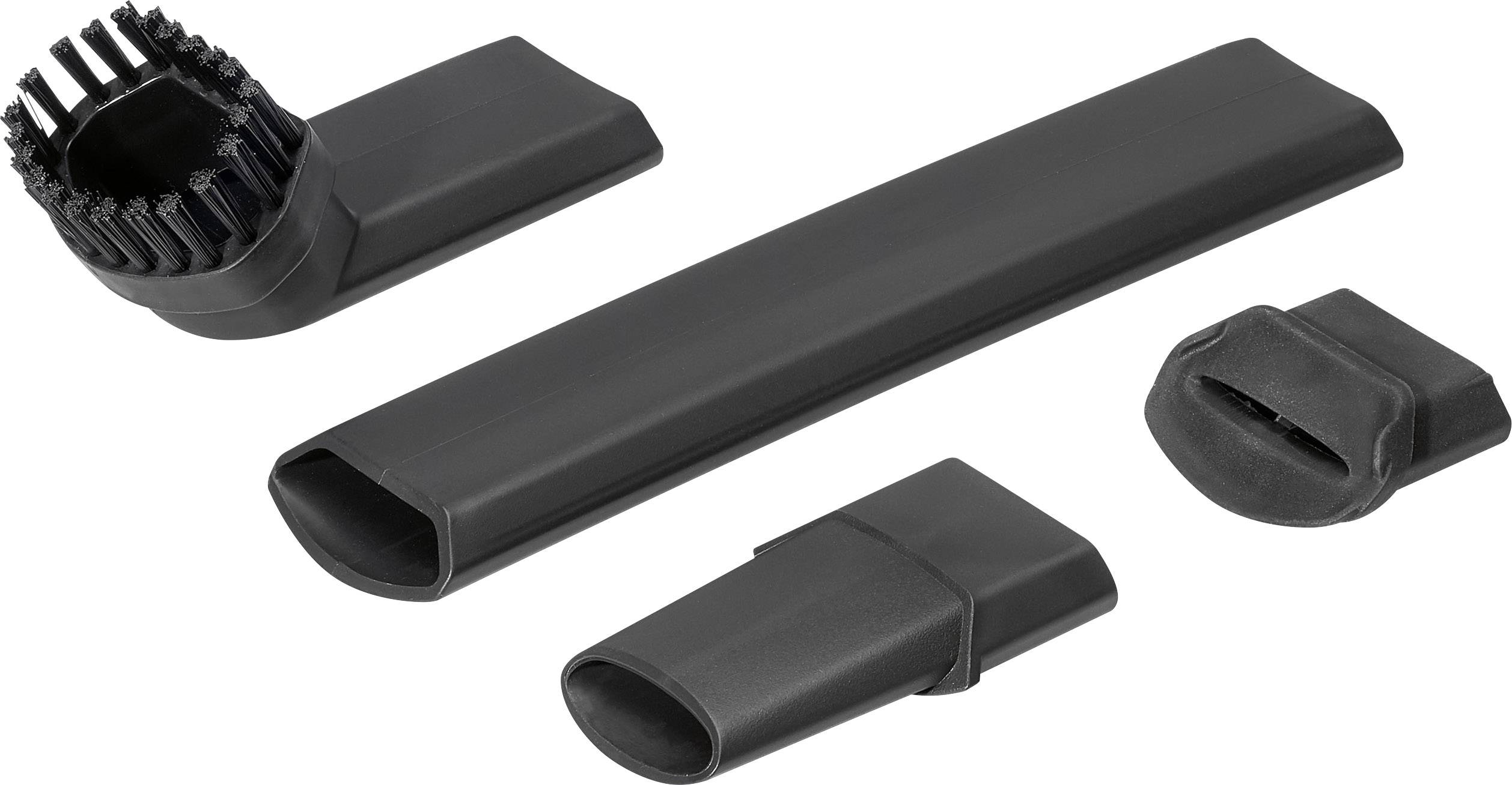 Vier Staubsaugeraufsätze in Schwarz, darunter Bürste und schmale Düsen. Geeignet für verschiedene Reinigungsanwendungen.