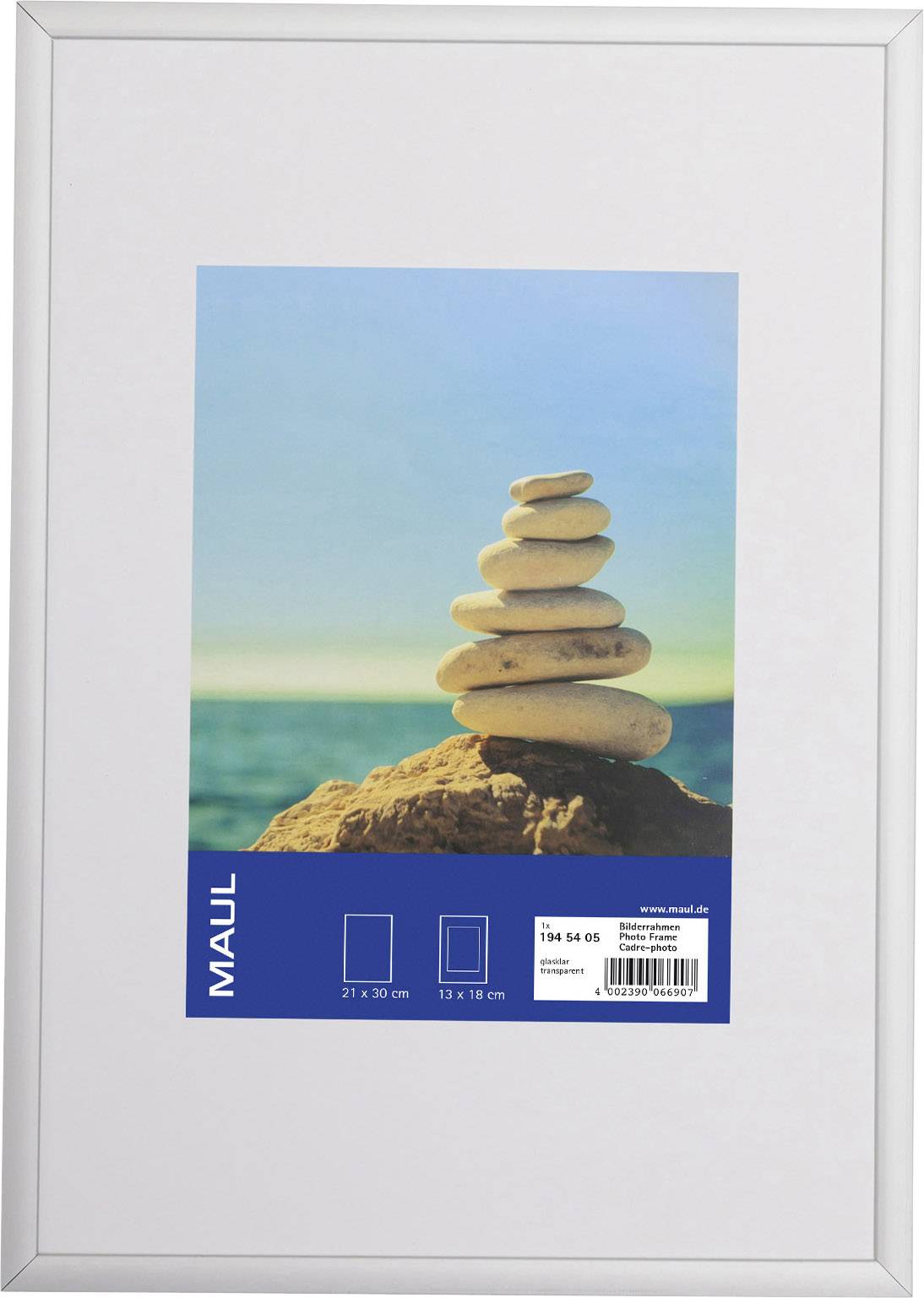 Posterrahmen mit Foto von gestapelten Steinen am Meer. Maße: 21 x 30 cm und 13 x 18 cm. Marke: MAUL.