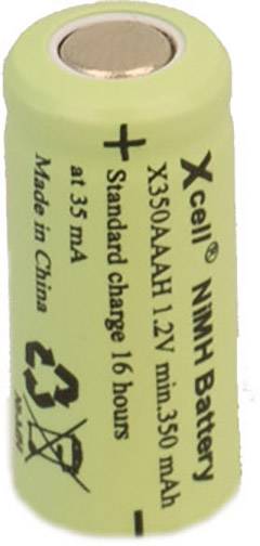 Grüne NiMH-Batterie einer Marke, Beschriftung mit 'X350-AAA', 1,2V, 350mAh, andere Details wie Ladezeit und Herkunft sind ebenfalls angegeben.