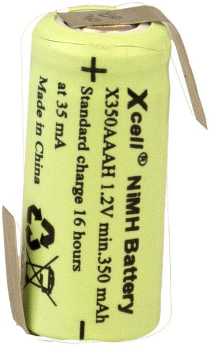 Grüne NiMH-Batterie 'Xcell 1,2V', Kapazität 350 mAh, Modell X350AAAH, mit Recycling-Symbol und Ladungsanweisungen.