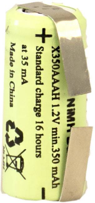 Eine wiederaufladbare NiMH-Batterie, 1,2V, 350mAh, hergestellt in China, mit Hinweis auf Standardaufladung von 16 Stunden bei 35mA.