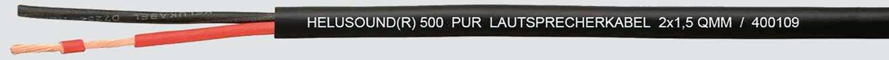 Schwarzes Kabel mit weißem Text 'HELISOUND 100 P/M LAUTSPRECHERKABEL 2x1,5MM / 40010', zeigt kompatible Lautsprecherkabel-Spezifikationen.
