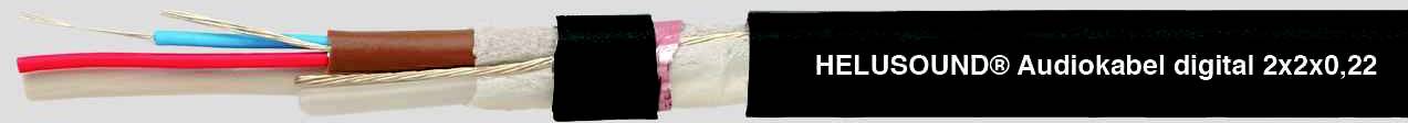 Audiokabel mit mehreren farbigen Drähten; Etikett 'HELIOSOUND: Audiokabel digital 2x2x0.22'.