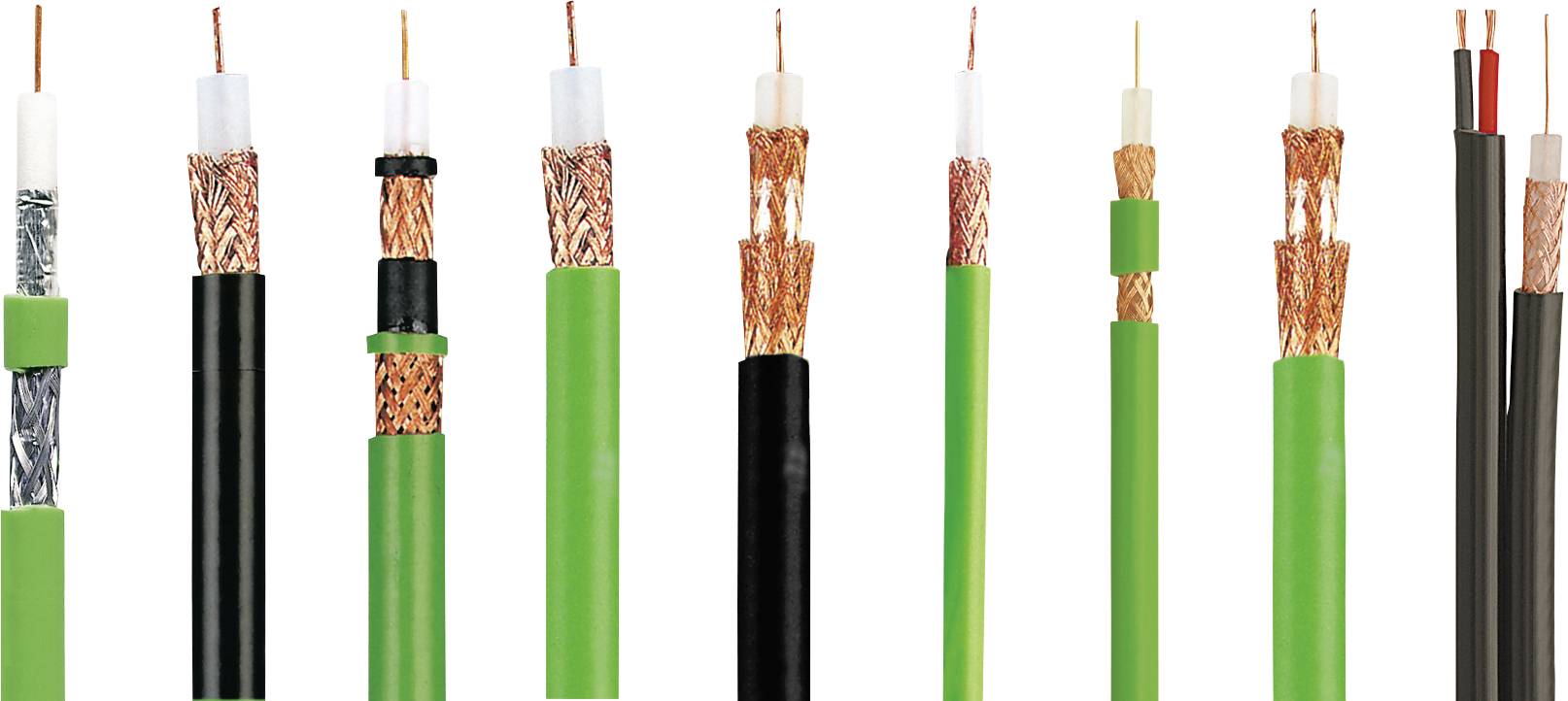Mehrere Arten von Kabeln nebeneinander, jeweils mit isolierten und freigelegten Metallleitern, zur Darstellung von Kabelstrukturen.