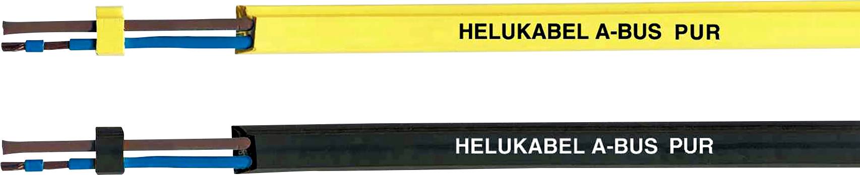 Gelbes und schwarzes Kabel mit der Aufschrift 'HELU KABEL A-BUS PUR', zur Unterscheidung in elektrischen Anwendungen.