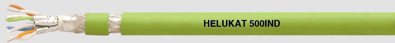 Ein grünes Kabel mit der Aufschrift 'HELUKAT 500IND'. Links sind die freiliegenden, farbcodierten Drähte zu sehen.