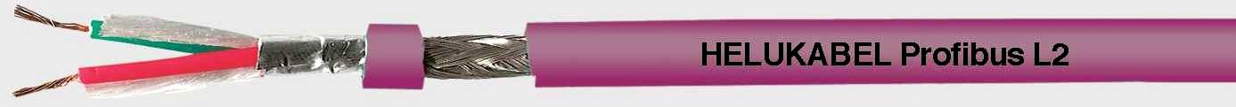 Ein lila Kabel mit der Aufschrift 'HELKABEL Profibus L2'. Mehradrig mit rotem und grünem Draht sowie Schirmung, geeignet für industrielle Datenkommunikation.
