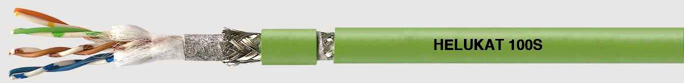 Grünes, abgeschirmtes Datenkabel mit der Aufschrift 'HELUKAT 100S', zeigt verdrillte Adern und metallische Abschirmung.
