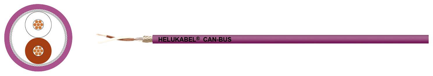Kabelschnitt der Marke 'Helukabel', beschriftet als 'CAN BUS', zeigt eine violette Ummantelung und zwei isolierte Drähte im Inneren.