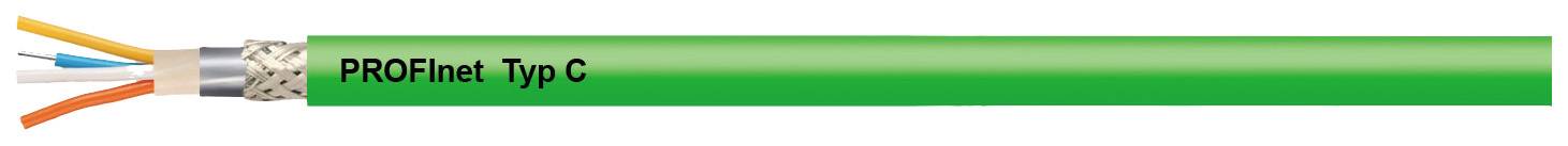 Kabel mit grüner Ummantelung, Beschriftung 'PROFInet Typ C'. Die Kabelenden zeigen farbige Adern: blau, orange, weiß und grün.