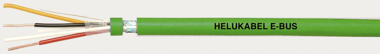 Grünes Kabel mit Aufschrift 'HELUKABEL E-BUS', zeigt freigelegte bunte Drähte am Ende, geeignet für Busverkabelung.