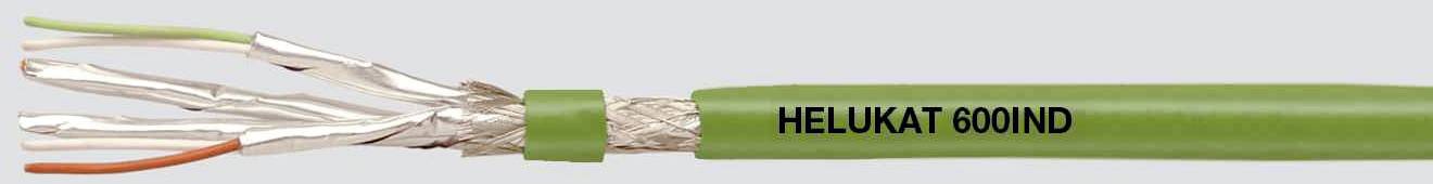 Grünes Industriekabel mit der Aufschrift 'HELUKAT 600IND', zeigt freiliegende Kupferadern und Schirmung, geeignet für spezielle Anwendungen.