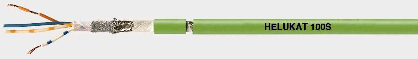 Grünes Kabel mit der Aufschrift 'HELUkat 100S', zeigt ein gespleißtes Ende mit freigelegten Kupferdrähten und Schutzmantel.