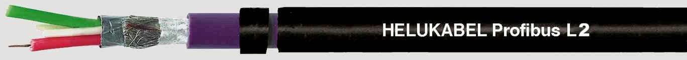 Schwarzes Industriekabel der Marke 'HELUKABEL Profibus L2' mit farblich markierten Innenleitungen in Grün, Rot und Weiß.