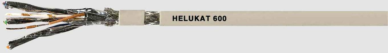 Ein Kabel namens 'HELUkat 600', bei dem die inneren, farbcodierten Drähte auf der linken Seite sichtbar sind.