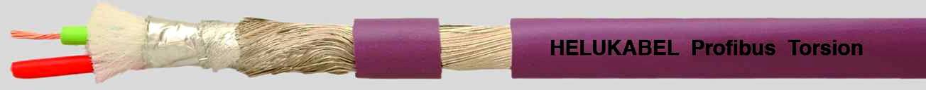 Kabel mit violetter Ummantelung und Aufschrift 'HELUKABEL Profibus Torsion'. Drei Adern, zwei mit farbiger Isolierung und Metallgeflecht.
