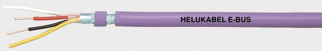 Lila Kabel mit der Aufschrift 'HELUKABEL E-BUS', mehrere farbige Innenleiter sichtbar.