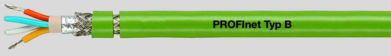 Grünes Kabel mit der Aufschrift 'PROFInet Typ B', Kabeladern sichtbar links. Verwendet für industrielle Datenkommunikation.