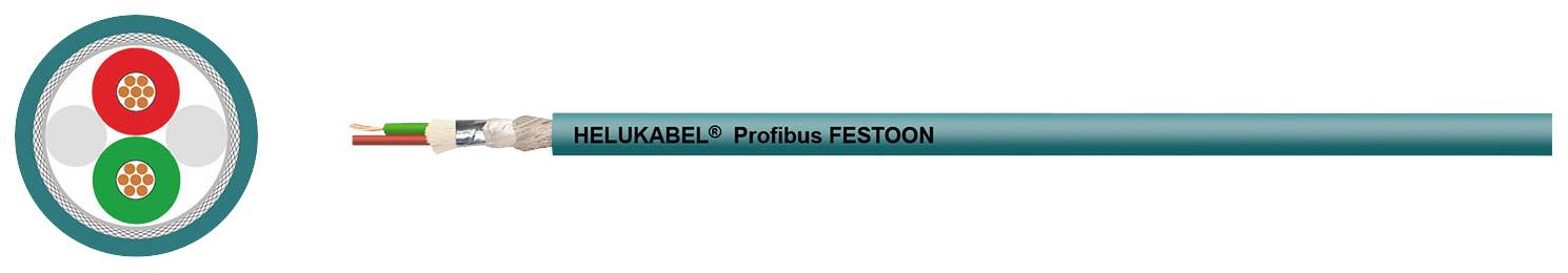 Kabel mit Beschriftung 'HELU KABEL Profibus FESTOON', zeigt Drahtstruktur mit roten und grünen Adern für industrielle Kommunikation.