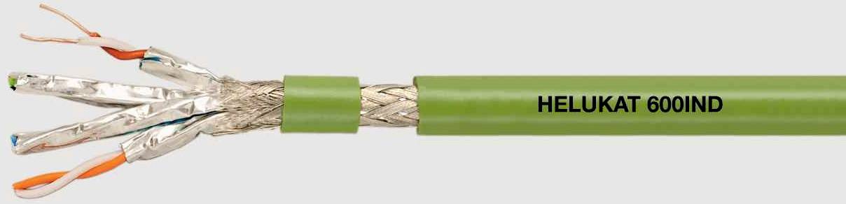 'HELUKAT 600IND' grünes Datenkabel, zeigt isolierte Adern und Abschirmung, industrieller Einsatz.