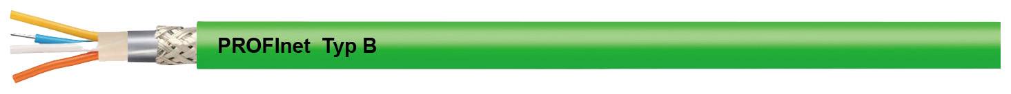 Ein grünes Kabel beschriftet mit 'PROFInet Typ B', zeigt Drahtbündel und Abschirmung.