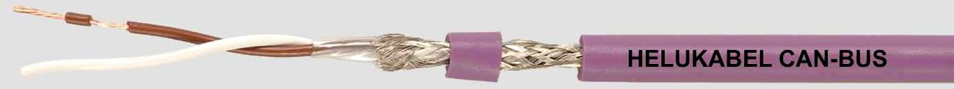 Ein CAN-Bus-Kabel von Helukabel, bestehend aus verdrillten Adern, Abschirmung und lila Isolierung mit der Aufschrift 'HELUKABEL CAN-BUS'.