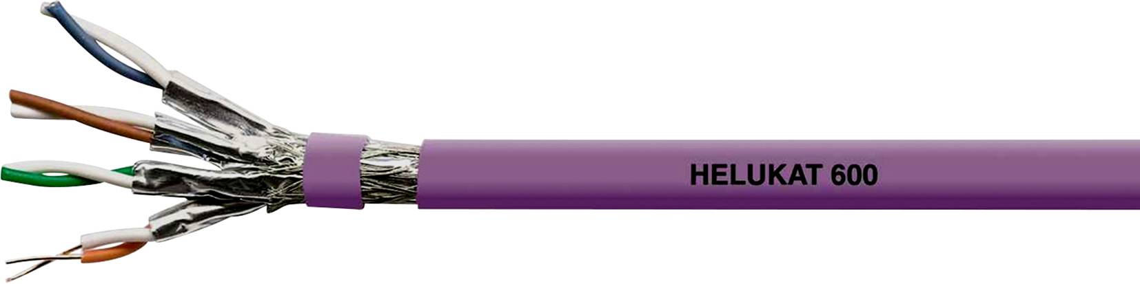 Lila Netzwerkkabel mit Beschriftung 'HELUKAT 600', zeigt freigelegte, farbcodierte Kabeldrähte mit Abschirmung.