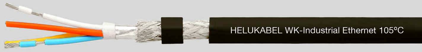 Industrielles Ethernetkabel mit Beschriftung 'HELUKABEL WK Industrial Ethernet 105°C'. Kabel in Segmenten mit Farbcodierung.