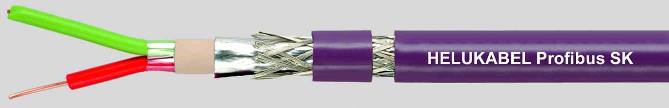 Profibus-Kabel von Helukabel mit lila Isolation, Metallabschirmung und farbigen Drahtadern in Grün und Rot für industrielle Anwendungen.