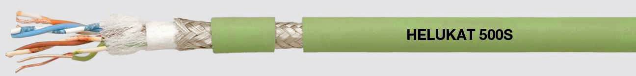 Datenkabel mit grünem Außenmantel und silberner Abschirmung, beschriftet mit 'HELUkat 500S'. Entworfen für Netzwerkverbindungen.