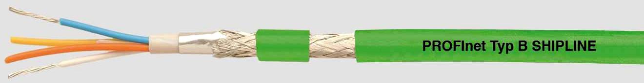 Ein grünes Kabel mit der Aufschrift 'PROFInet Typ B SHIPLINE', Innenleiter zu sehen, geeignet für spezifische Anwendungen.