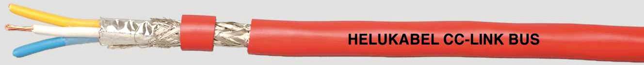 Ein rotes Kabel mit der Aufschrift 'HELUKABEL CC-LINK BUS'. Das Kabelende zeigt isolierte Drähte in Gelb, Weiß und Blau.