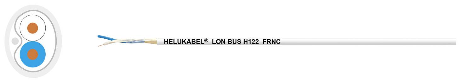 Zeigt ein Helukabel, LON BUS H 1X2 FRNC, für Datenübertragung. Querschnitt mit zwei Adern in blauer und orangefarbener Isolierung sichtbar.